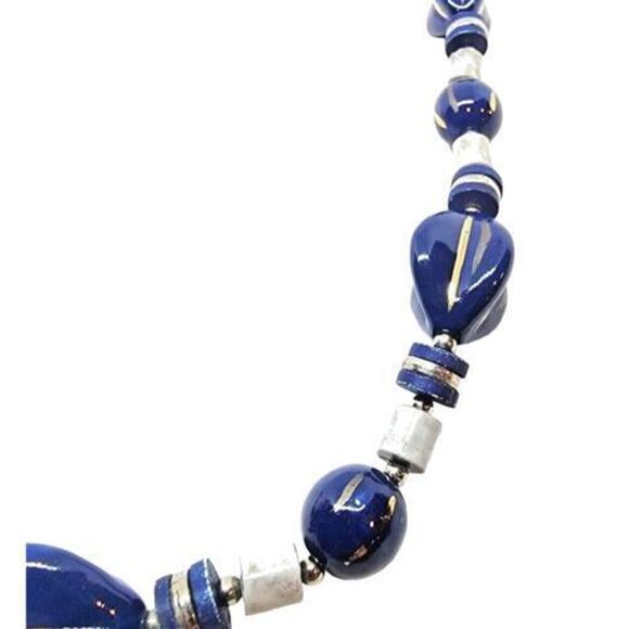 Vintage Necklace Chunky Retro Japan Cobalt Blue Gray Beads 80s Style 26" - Picture 6 of 8